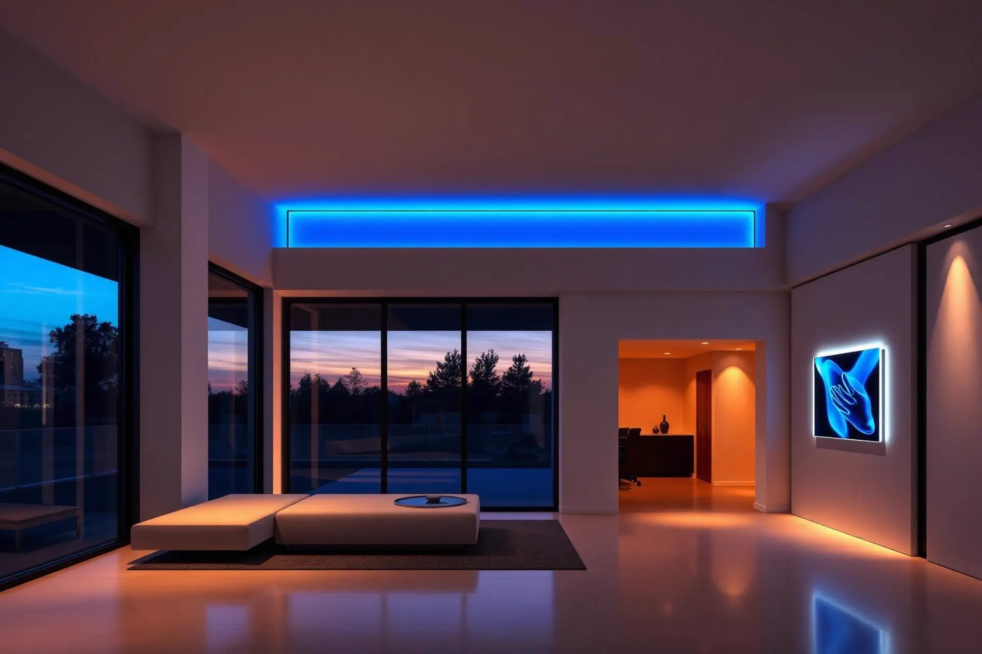 Modern luxury smart home interior at dusk